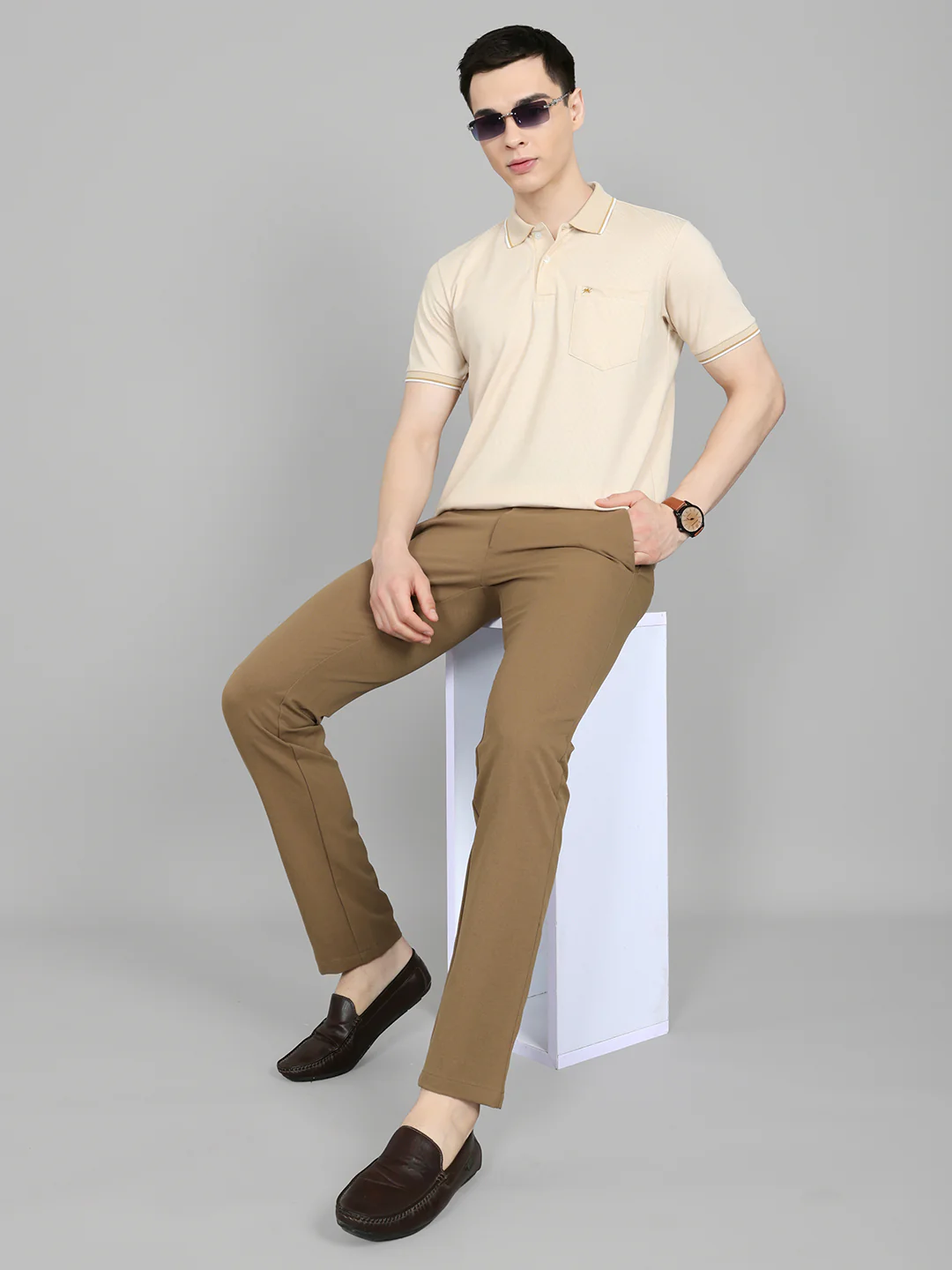 Men Beige Solid Collar Half Sleeve T-Shirt - Image 6