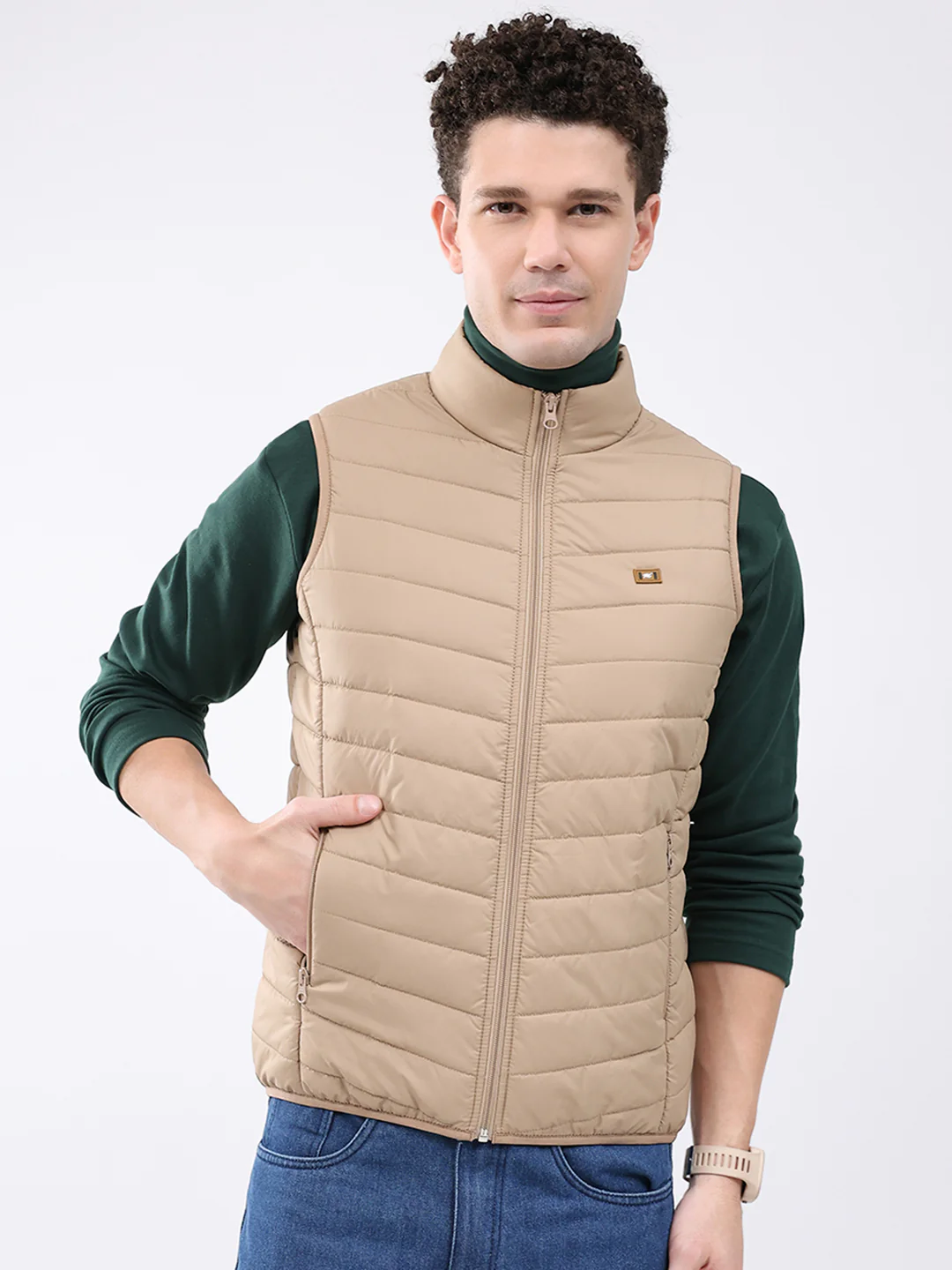 Men Beige Solid Collar Sleeveless Jacket