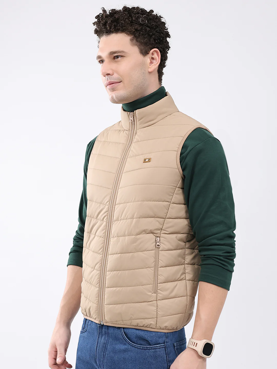 Men Beige Solid Collar Sleeveless Jacket - Image 3