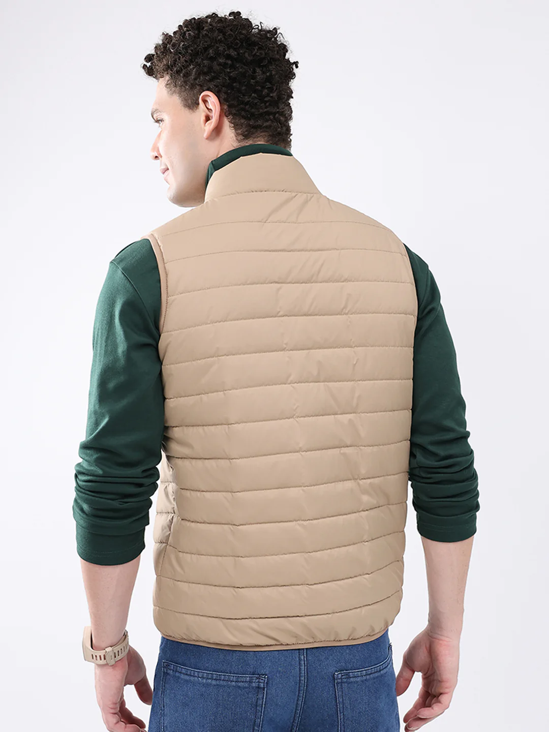 Men Beige Solid Collar Sleeveless Jacket - Image 5