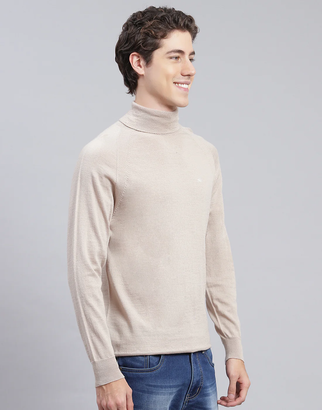 Men Beige Solid High Neck Full Sleeve Pullover - Image 4
