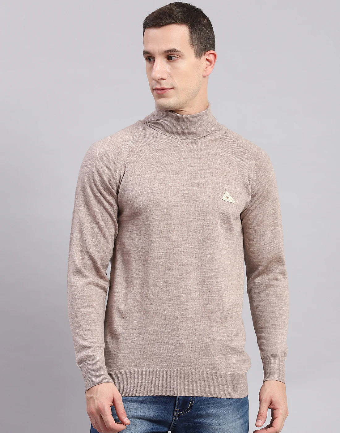 Men Beige Solid High Neck Full Sleeve Pullover - Image 2