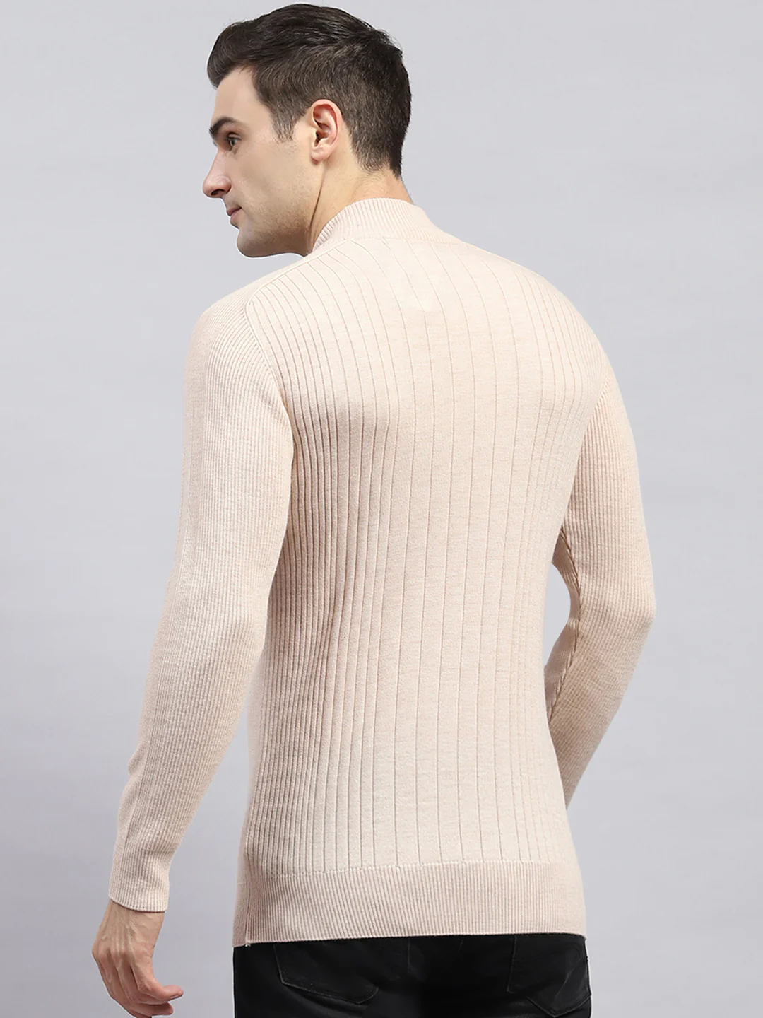 Men Beige Solid High Neck Full Sleeve Pullover - Image 5