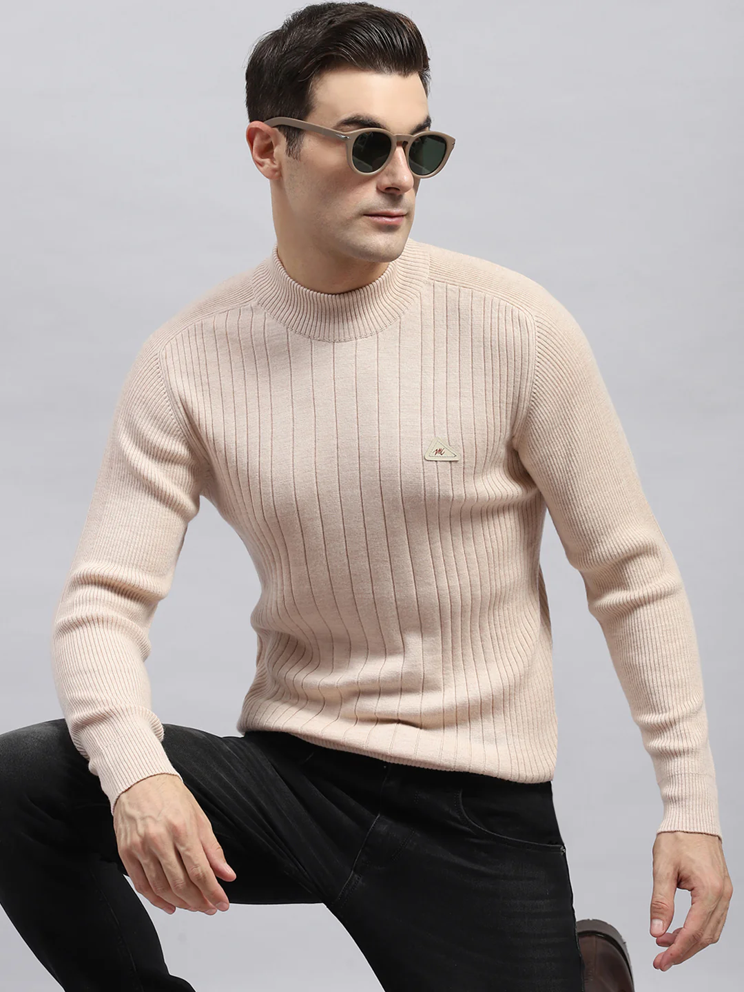 Men Beige Solid High Neck Full Sleeve Pullover - Image 6