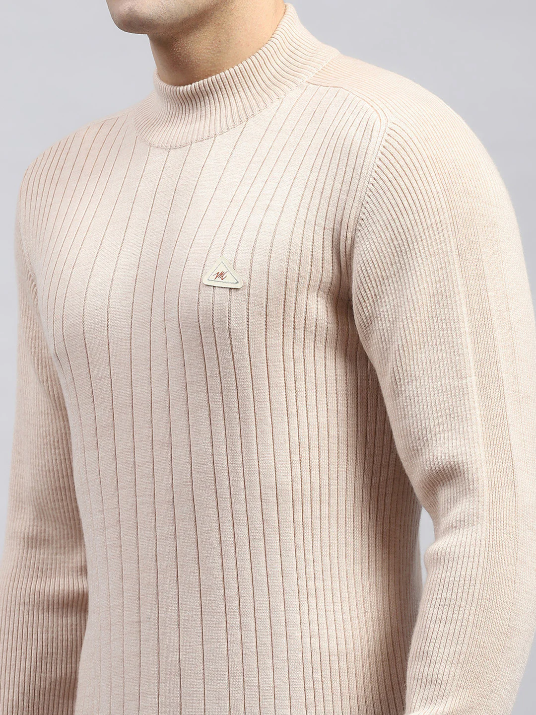 Men Beige Solid High Neck Full Sleeve Pullover - Image 7