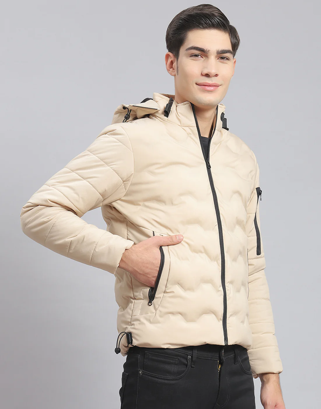 Men Beige Solid Hooded Full Sleeve Jacket - Image 4