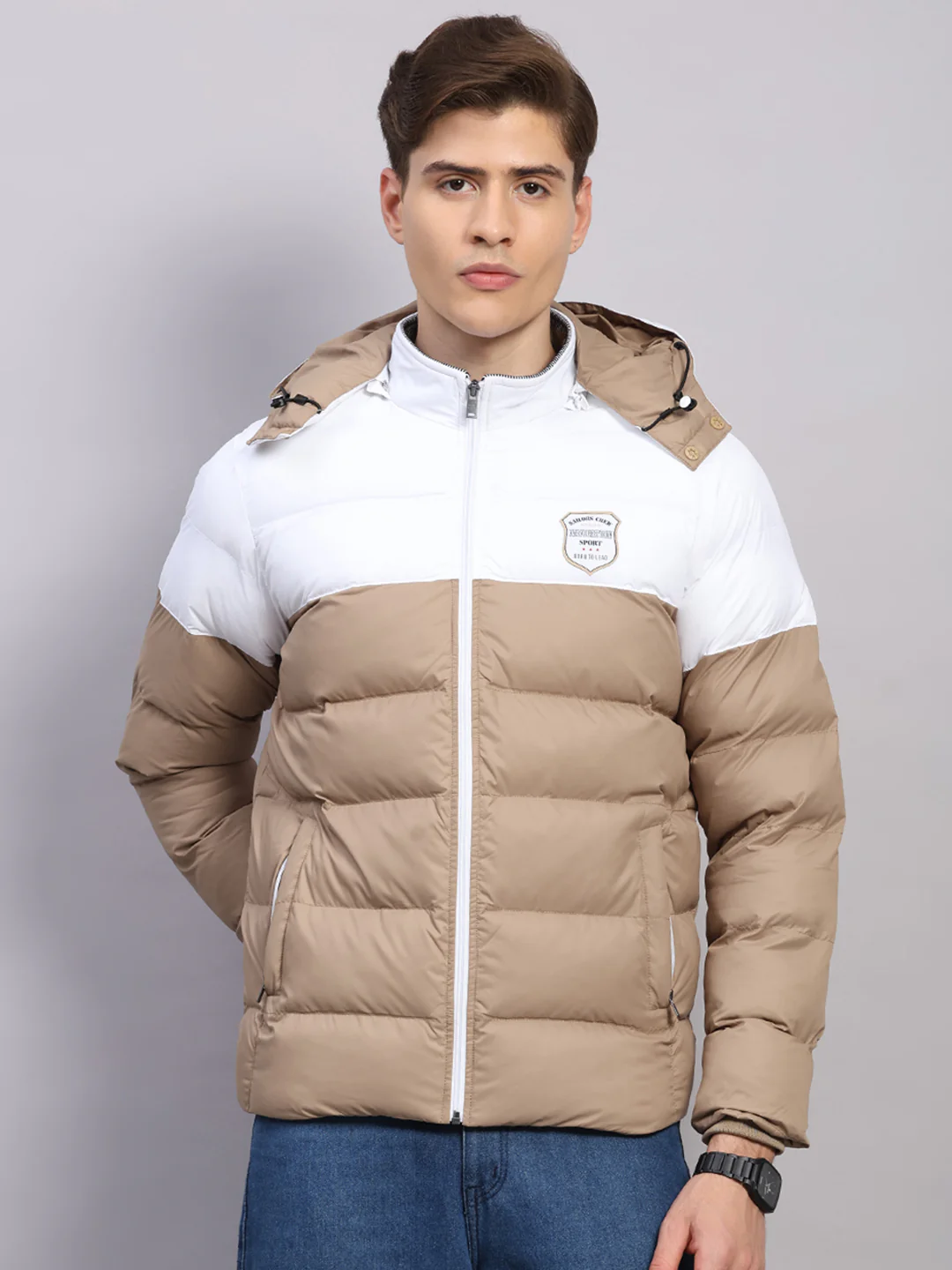 Men Beige Solid Hooded Full Sleeve Jacket