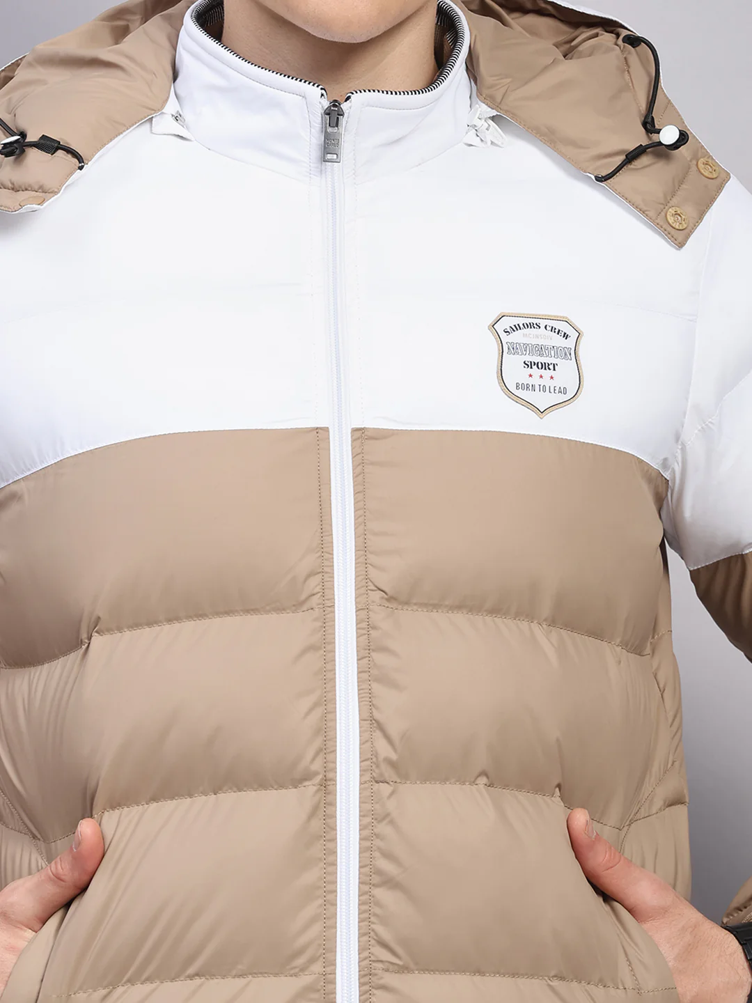 Men Beige Solid Hooded Full Sleeve Jacket - Image 7