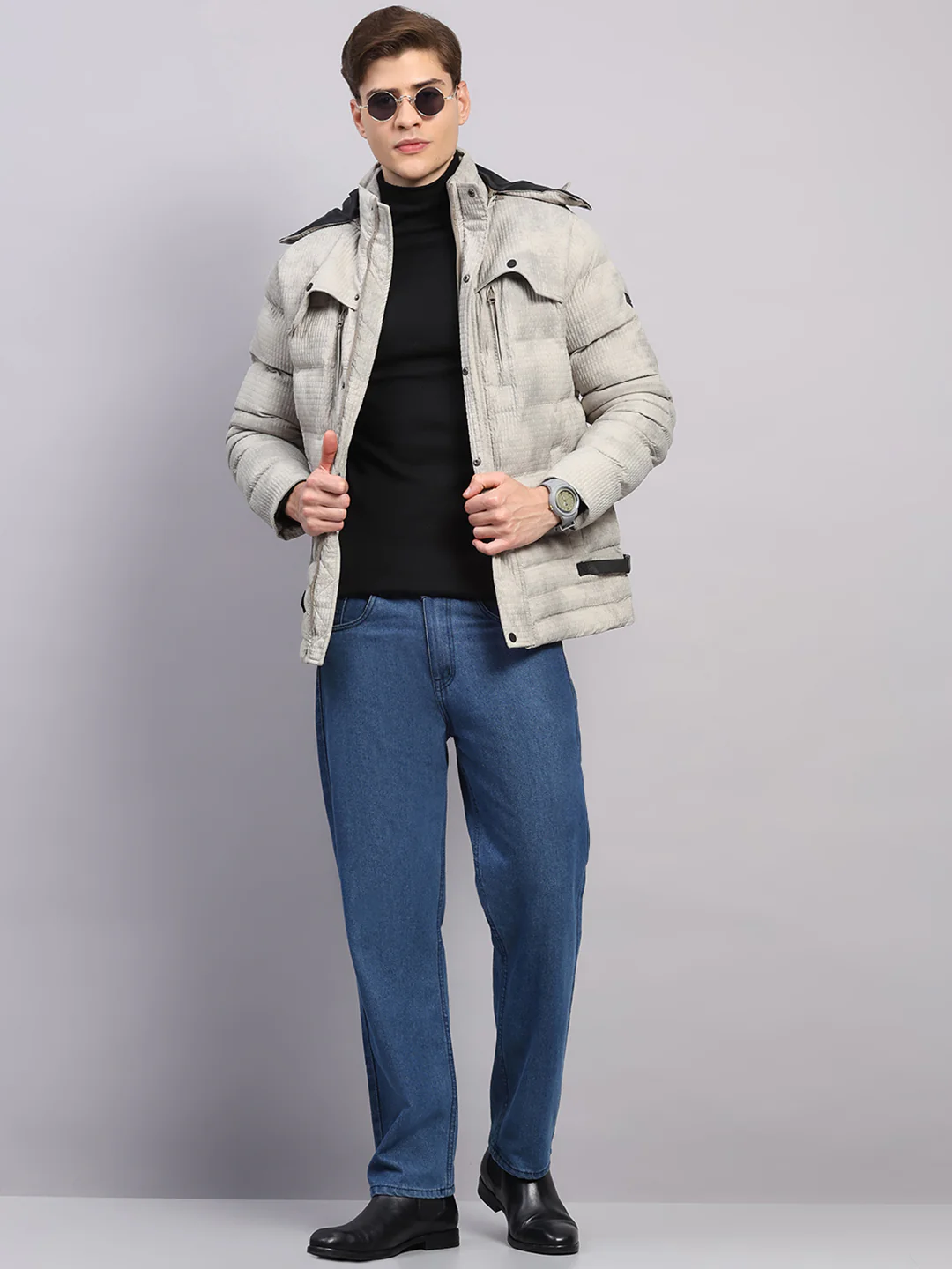 Men Beige Solid Hooded Full Sleeve Jacket - Image 2
