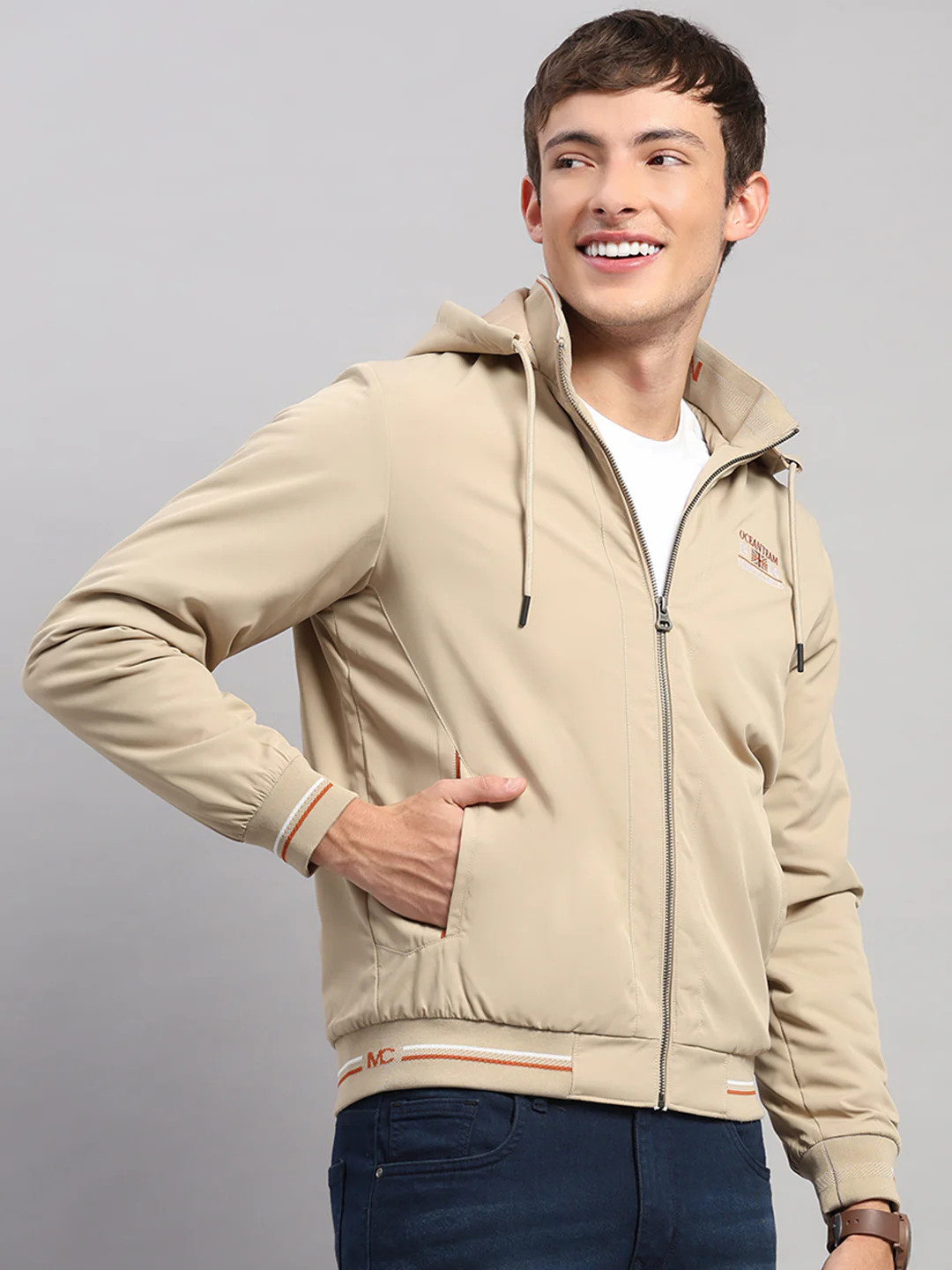 Men Beige Solid Hooded Full Sleeve Jacket - Image 4