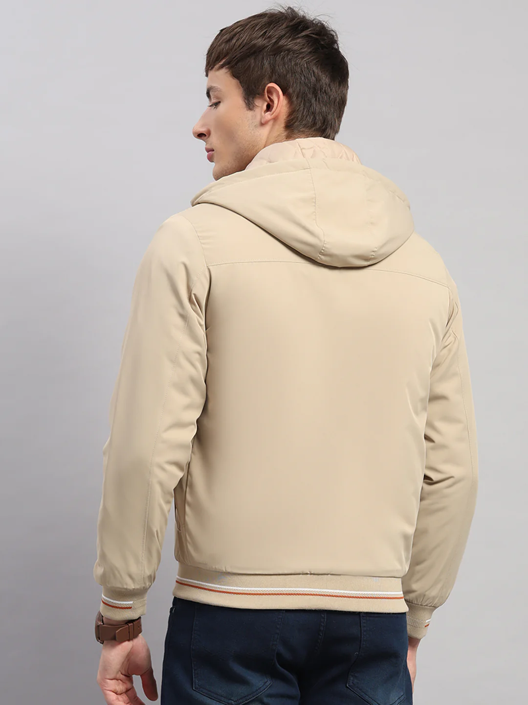 Men Beige Solid Hooded Full Sleeve Jacket - Image 5