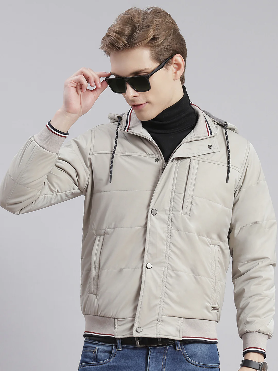 Men Beige Solid Hooded Full Sleeve Jackets - Image 3
