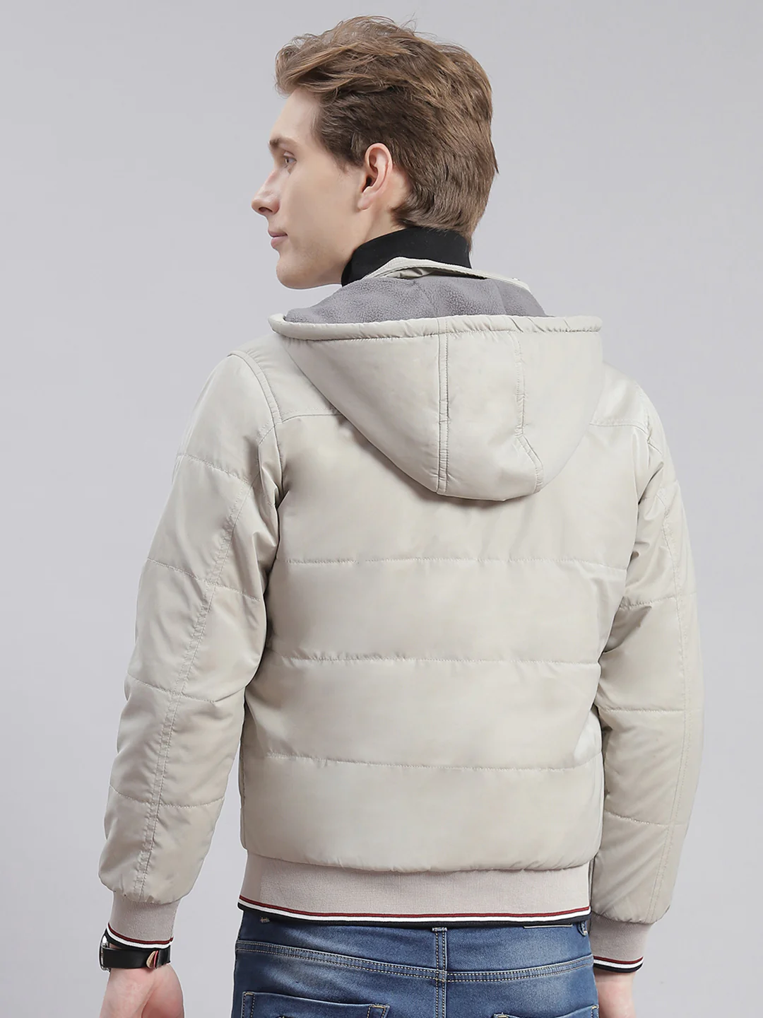 Men Beige Solid Hooded Full Sleeve Jackets - Image 6