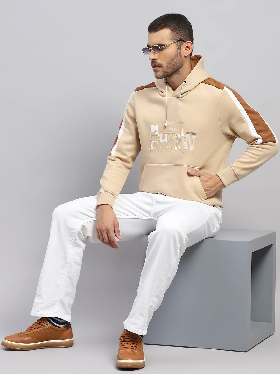 Men Beige Solid Hooded Full Sleeve Sweatshirt - Image 2