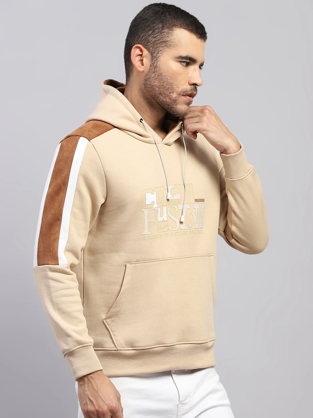 Men Beige Solid Hooded Full Sleeve Sweatshirt - Image 4