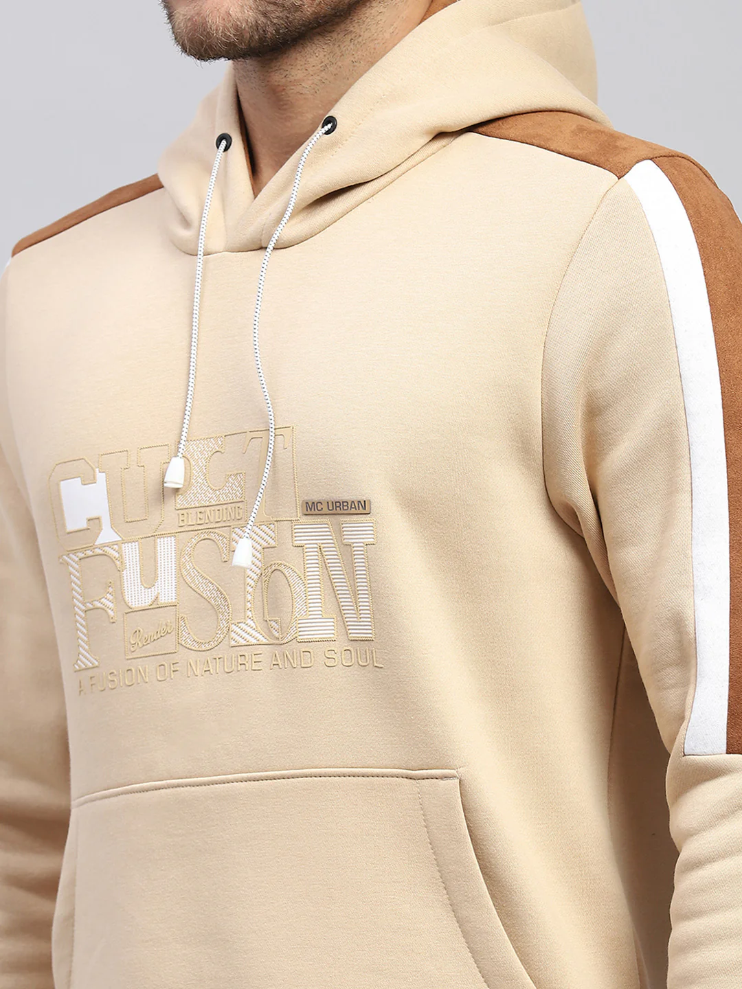 Men Beige Solid Hooded Full Sleeve Sweatshirt - Image 7