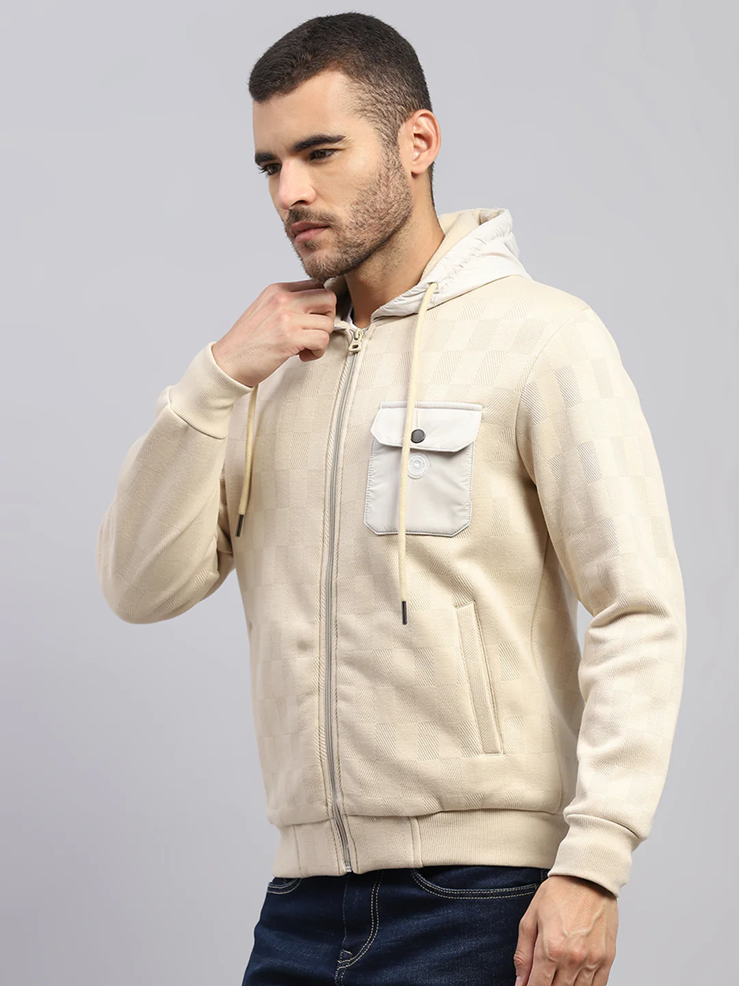 Men Beige Solid Hooded Full Sleeve Sweatshirt - Image 3