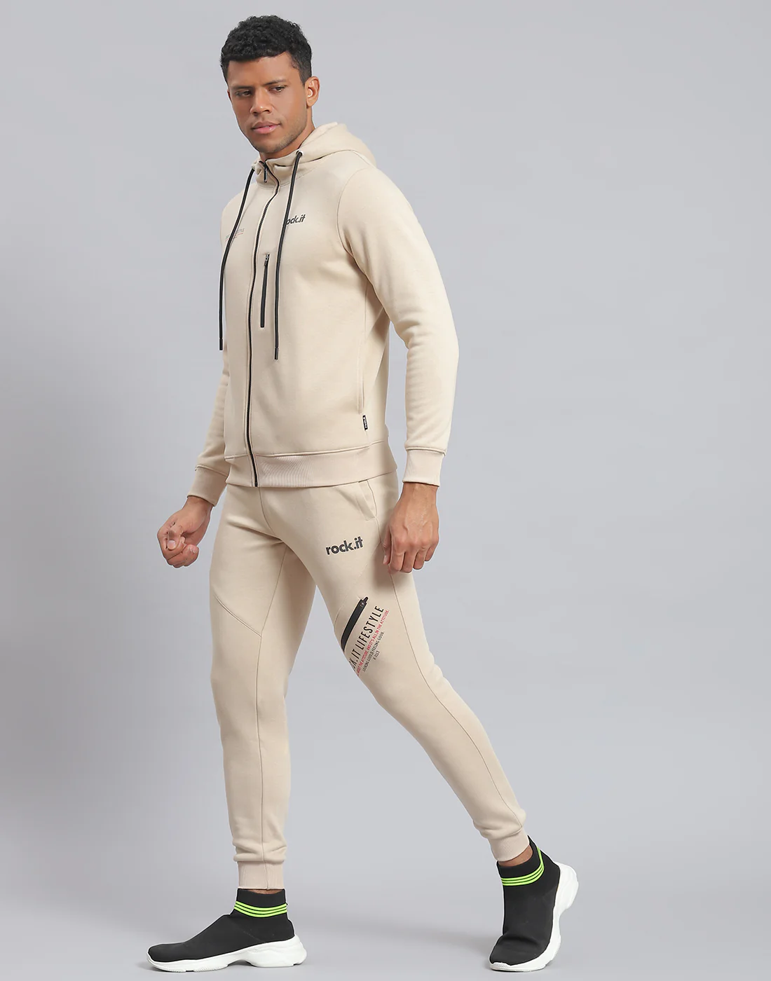 Rock.it Men Beige Solid Hooded Full Sleeve Tracksuit - Image 3