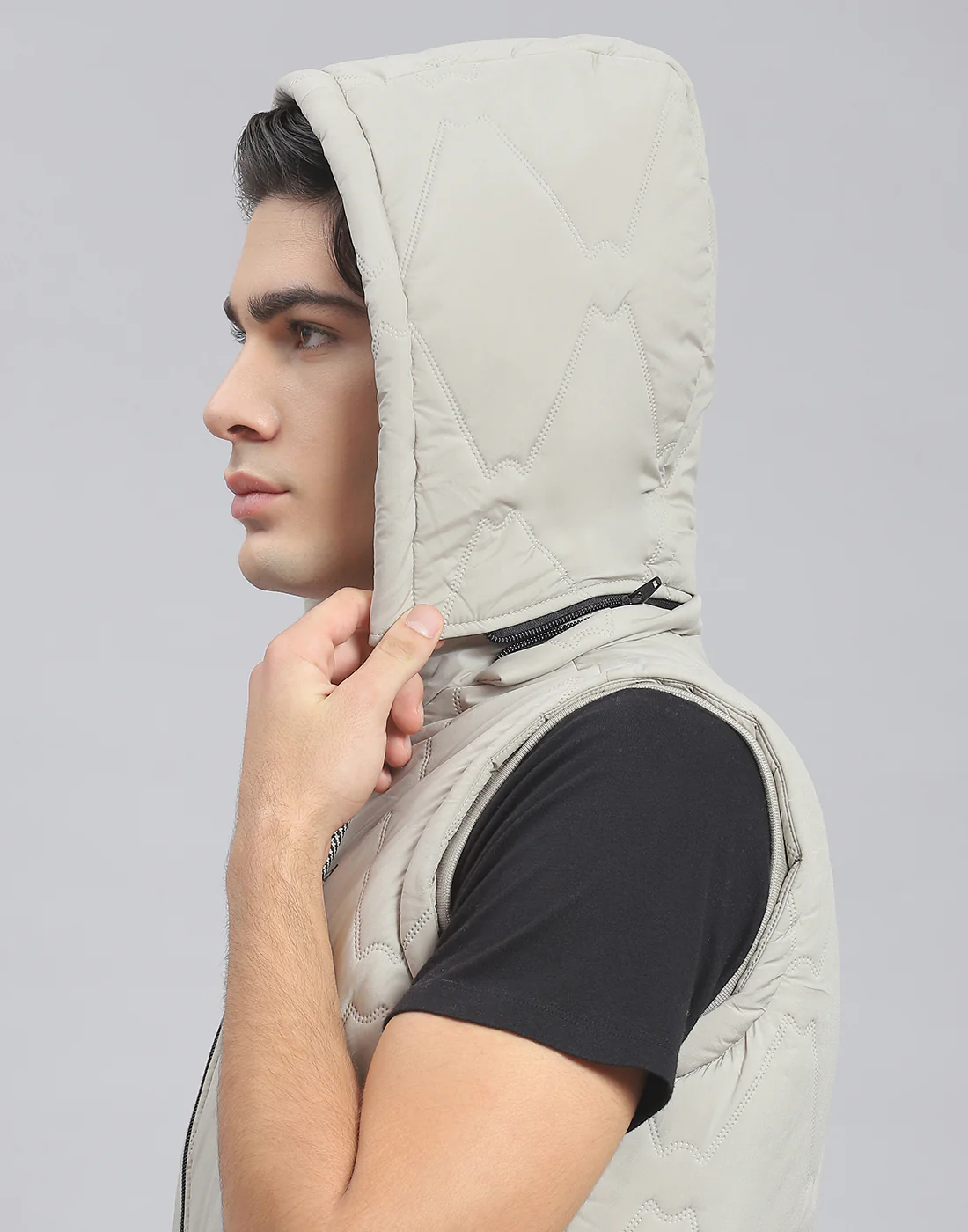 Men Beige Solid Hooded Sleeveless Jacket - Image 7