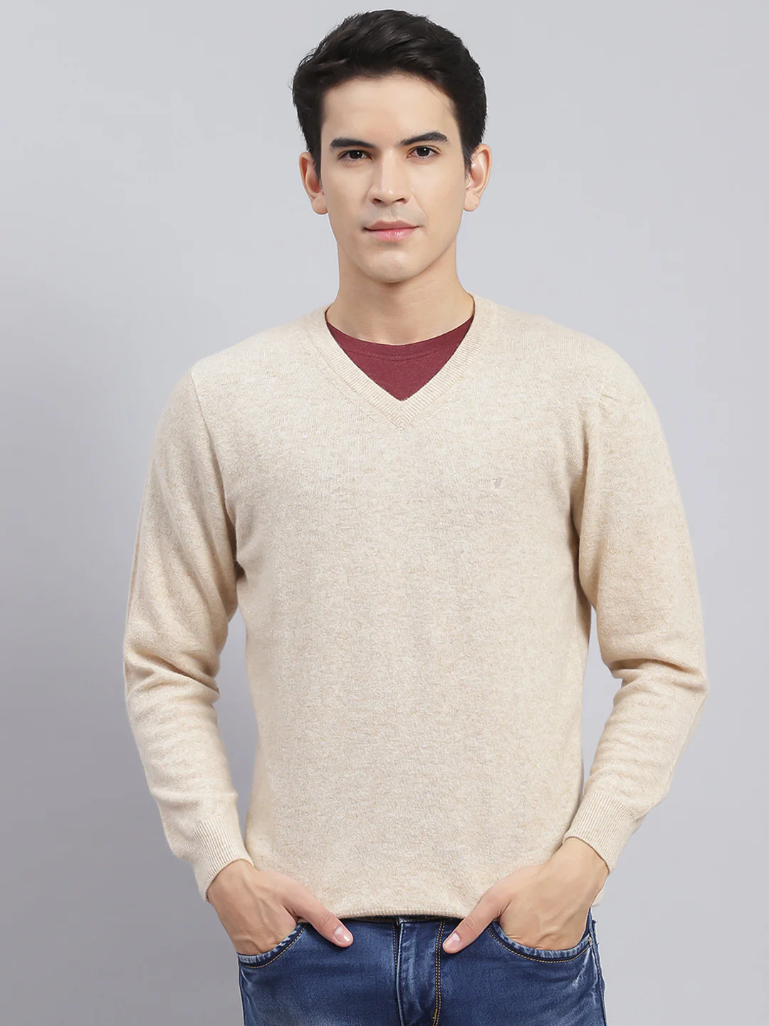 Men Beige Solid Lamb wool Pullover - Image 2