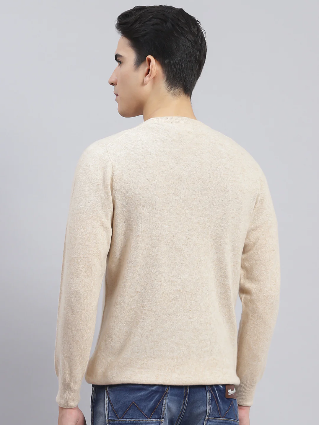 Men Beige Solid Lamb wool Pullover - Image 5