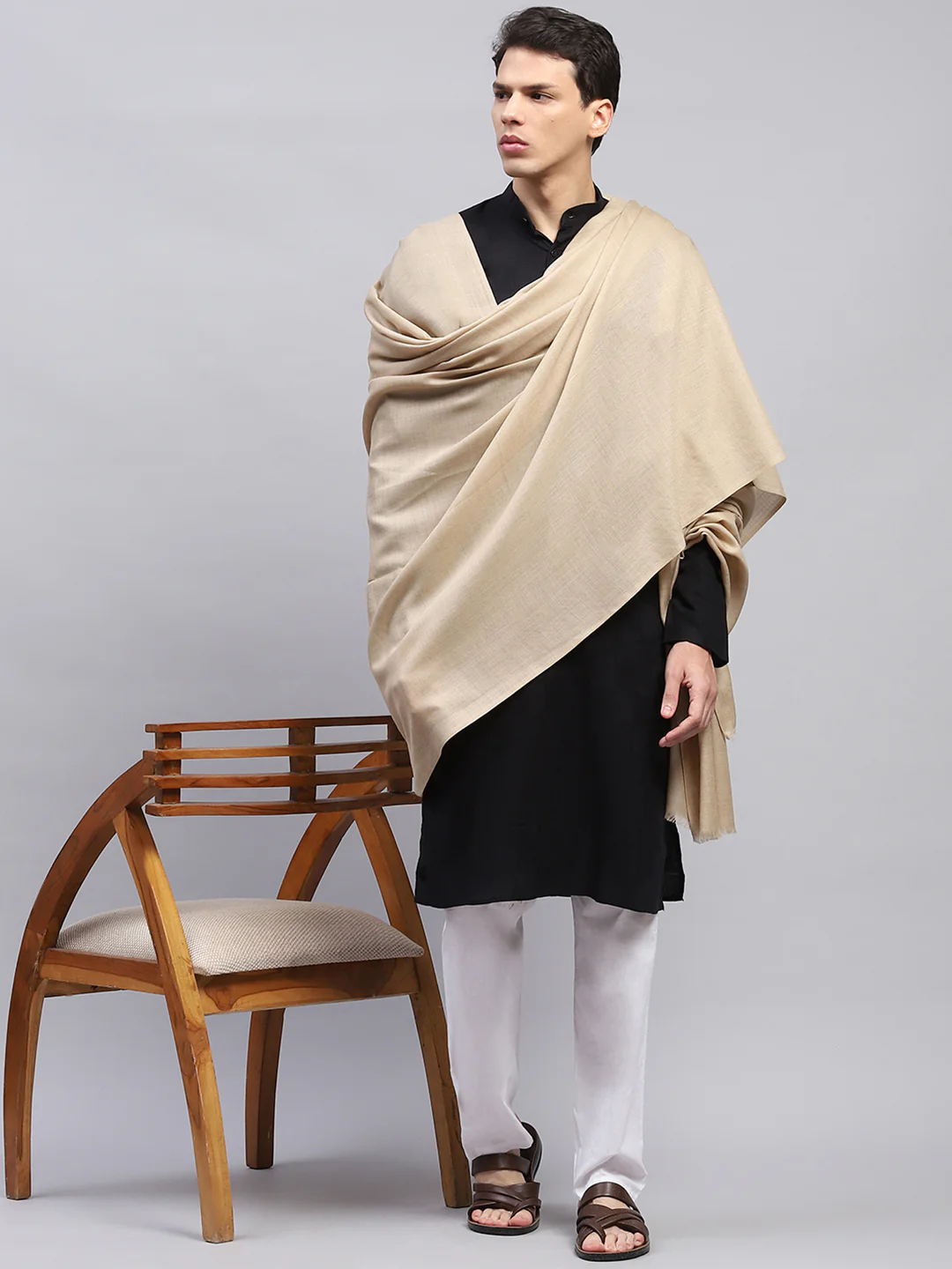 Men Beige Solid Lohi Shawl - Image 2