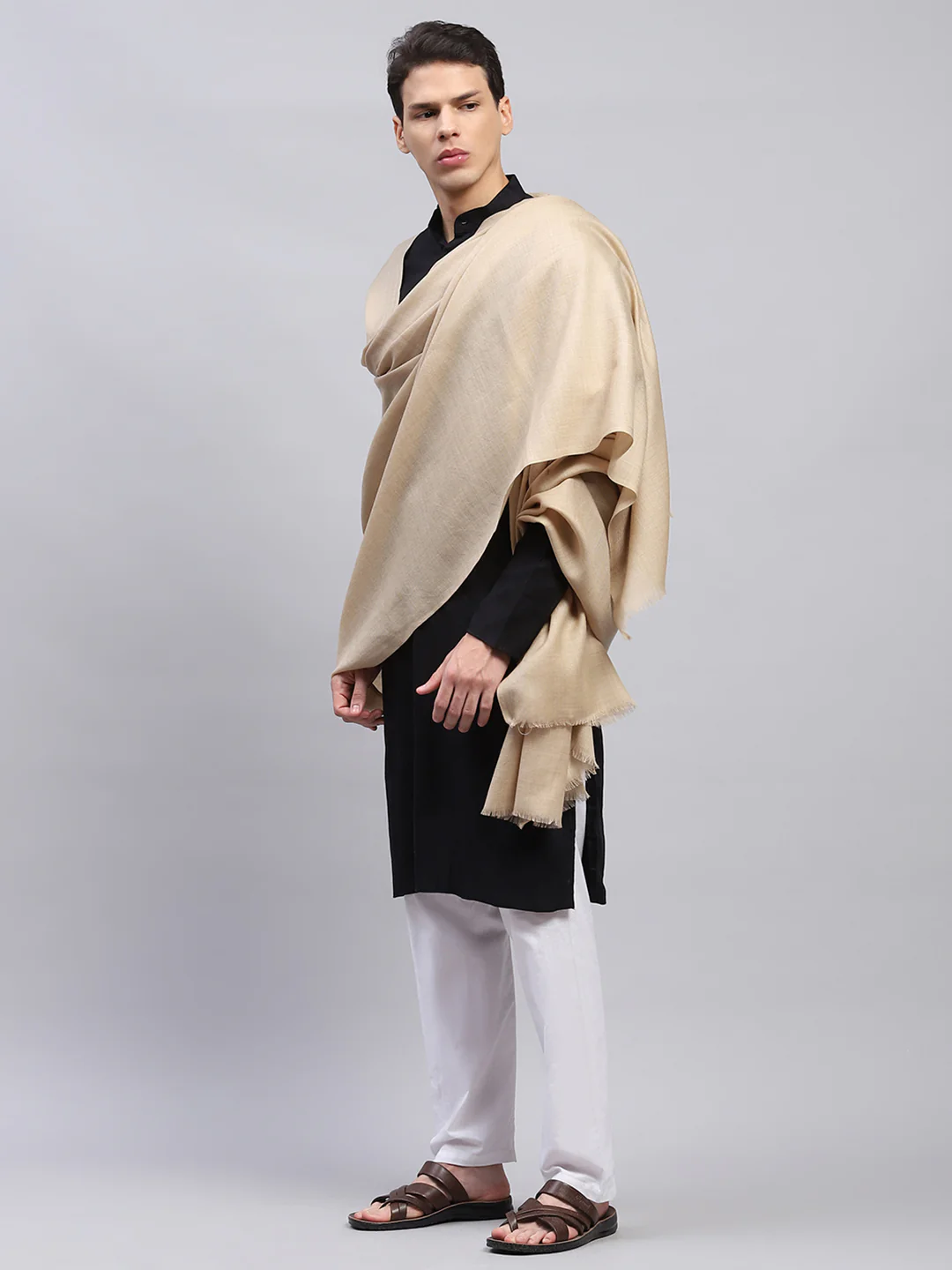 Men Beige Solid Lohi Shawl - Image 3