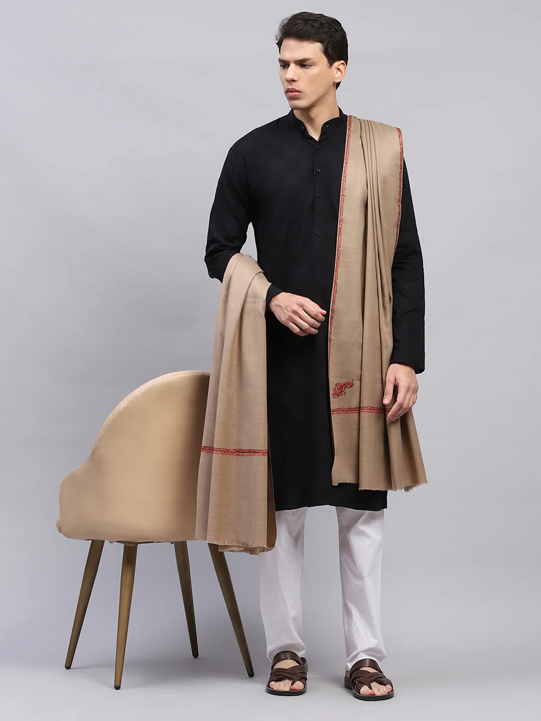 Men Beige Solid Lohi Shawl - Image 2