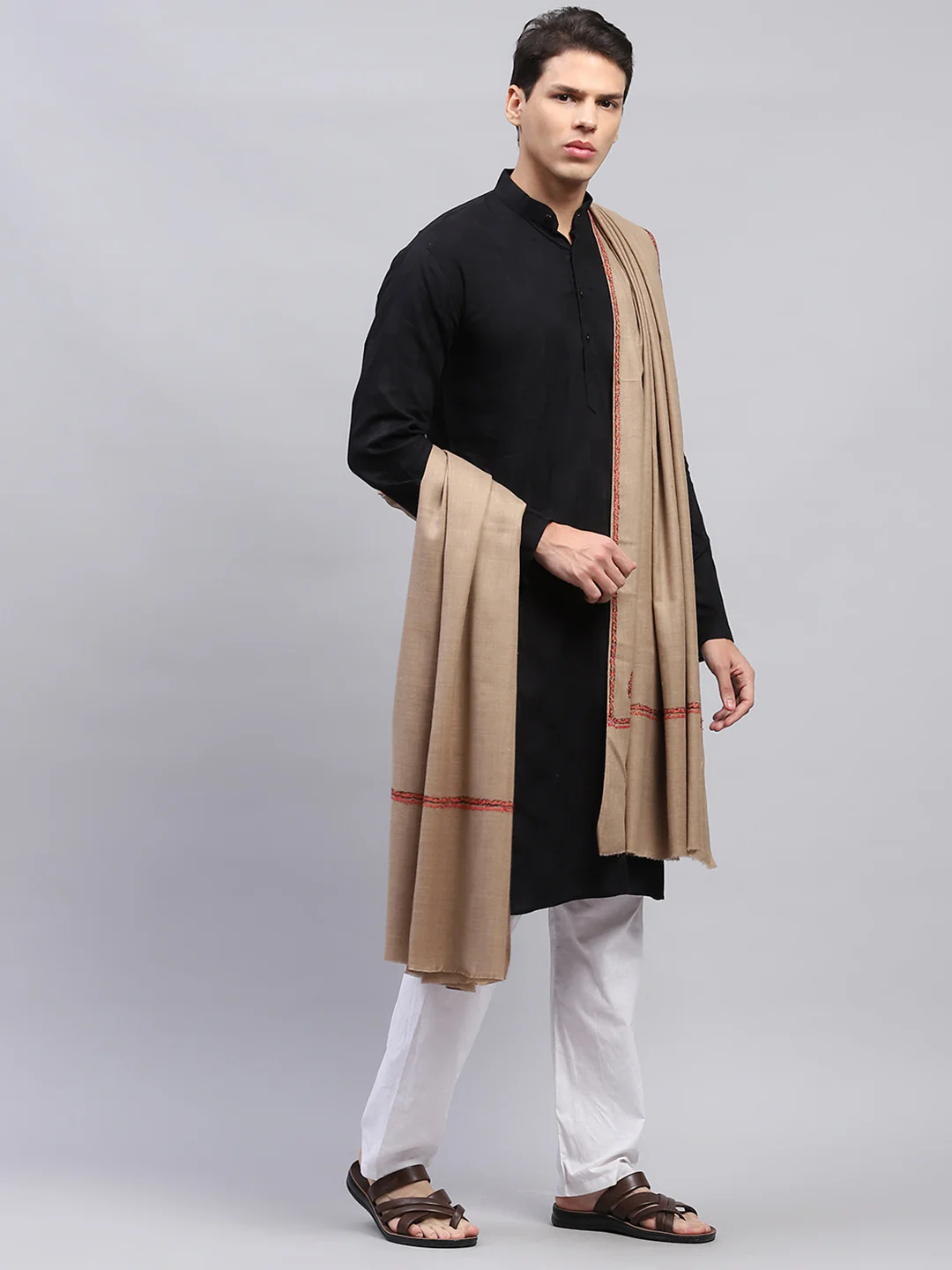 Men Beige Solid Lohi Shawl - Image 4