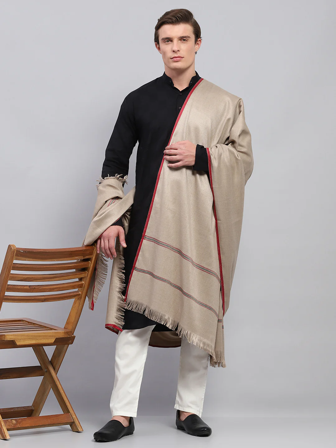 Men Beige Solid Lohi Shawl - Image 2