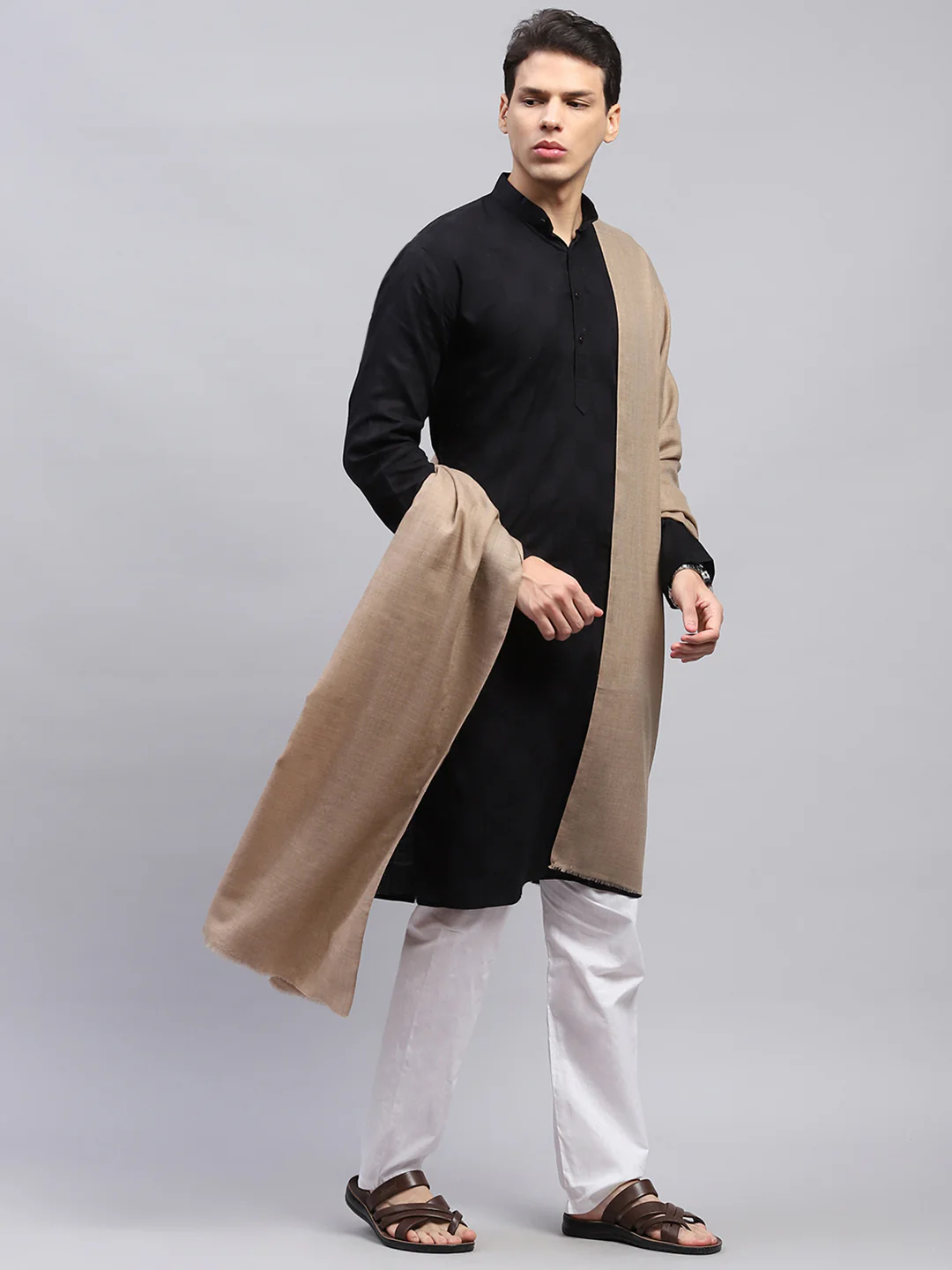 Men Beige Solid Lohi Shawl - Image 4