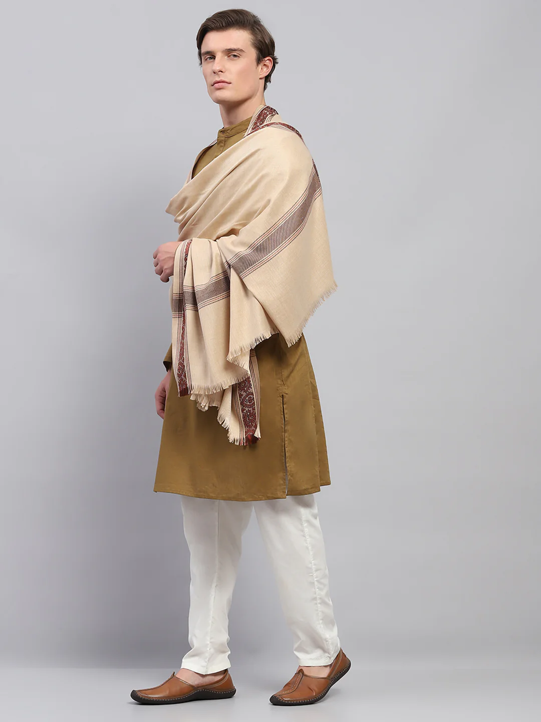 Men Beige Solid Lohi Shawl - Image 3