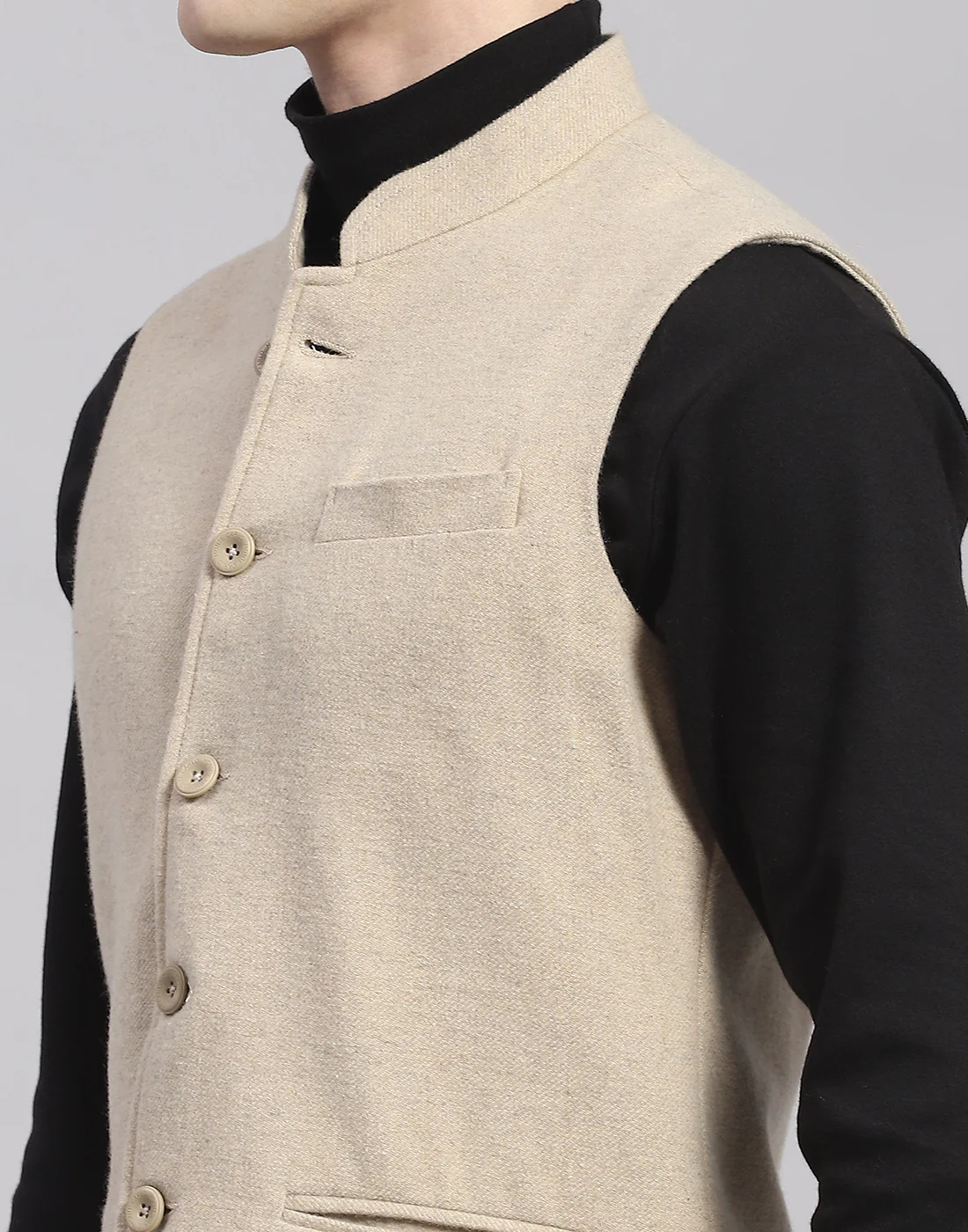 Men Beige Solid Mandarin Collar Sleeveless Nehru Jacket - Image 7