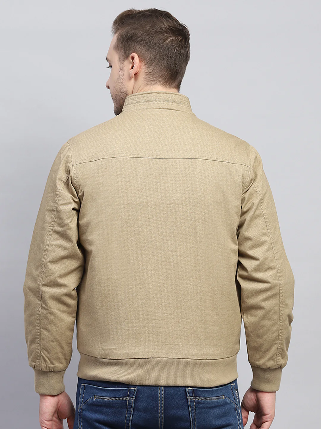 Men Beige Solid Mock Neck Full Sleeve Jacket - Image 5