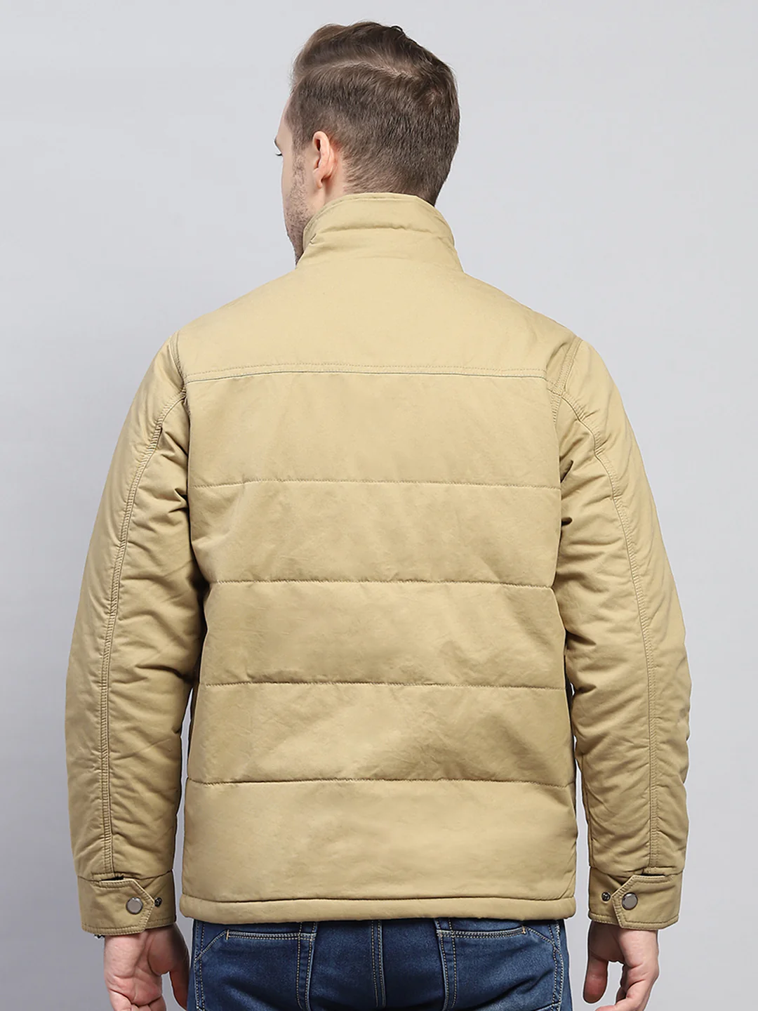 Men Beige Solid Mock Neck Full Sleeve Jacket - Image 5