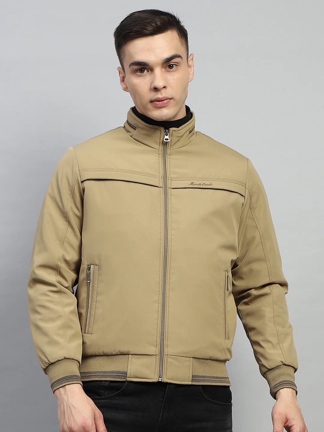 Men Beige Solid Mock Neck Full Sleeve Jacket