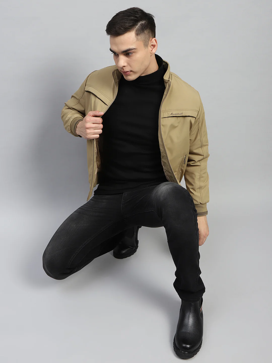 Men Beige Solid Mock Neck Full Sleeve Jacket - Image 2