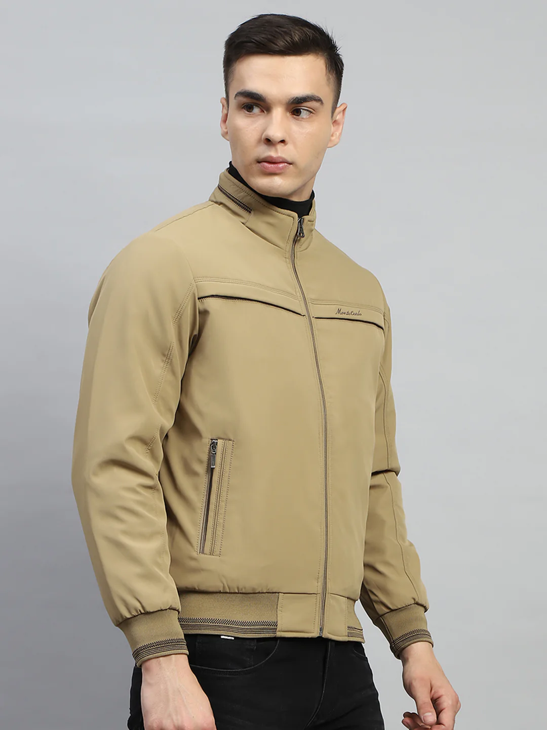 Men Beige Solid Mock Neck Full Sleeve Jacket - Image 4