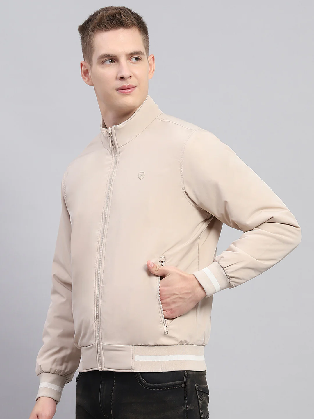 Men Beige Solid Mock Neck Full Sleeve Jacket - Image 4
