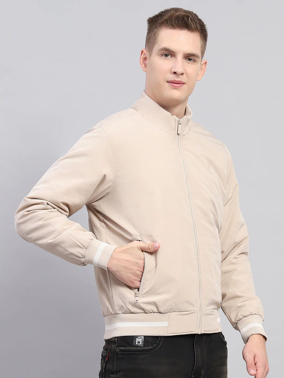 Men Beige Solid Mock Neck Full Sleeve Jacket - Image 5