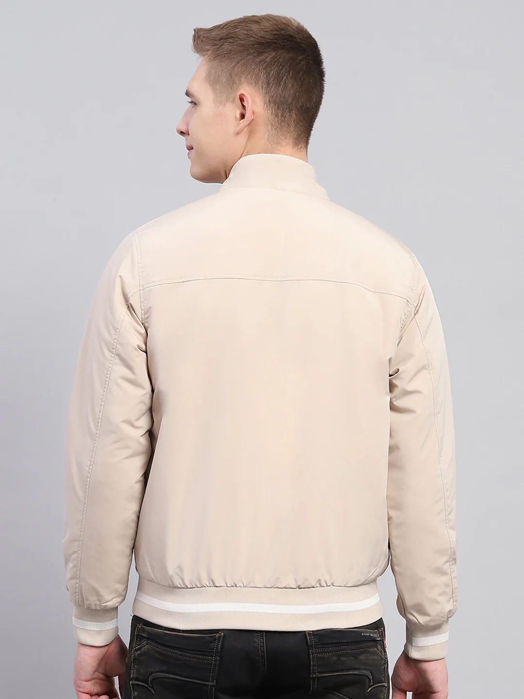 Men Beige Solid Mock Neck Full Sleeve Jacket - Image 6