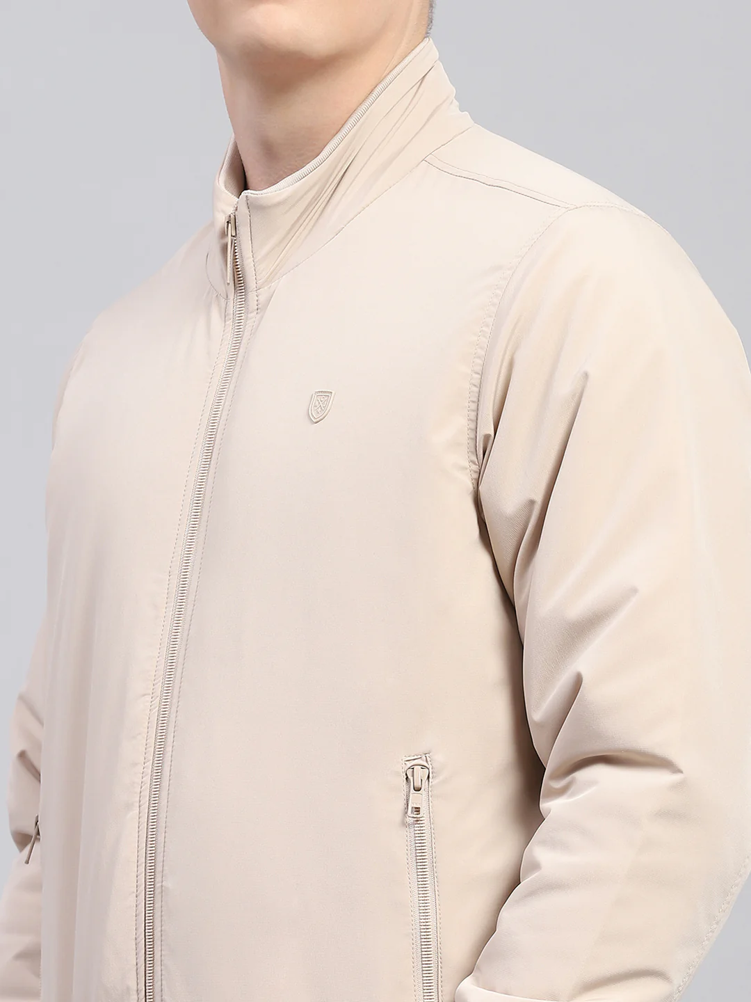 Men Beige Solid Mock Neck Full Sleeve Jacket - Image 7