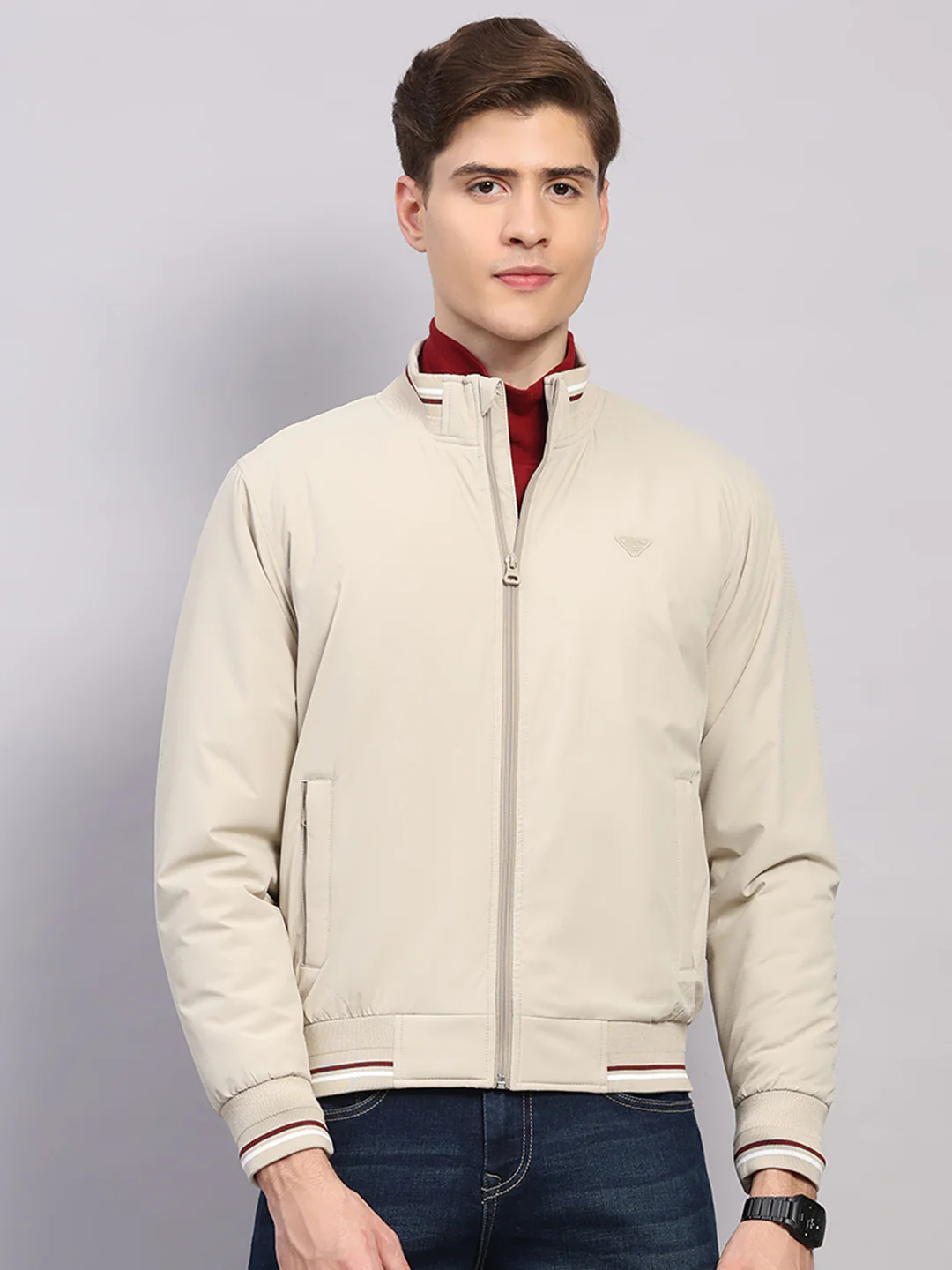 Men Beige Solid Mock Neck Full Sleeve Jacket