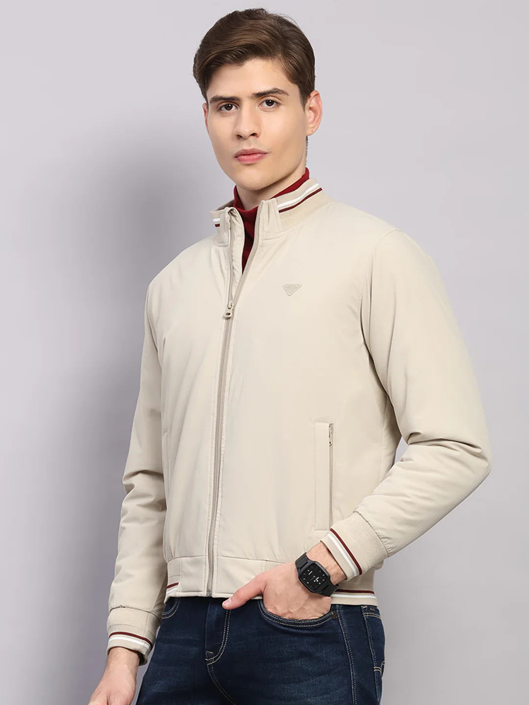 Men Beige Solid Mock Neck Full Sleeve Jacket - Image 3