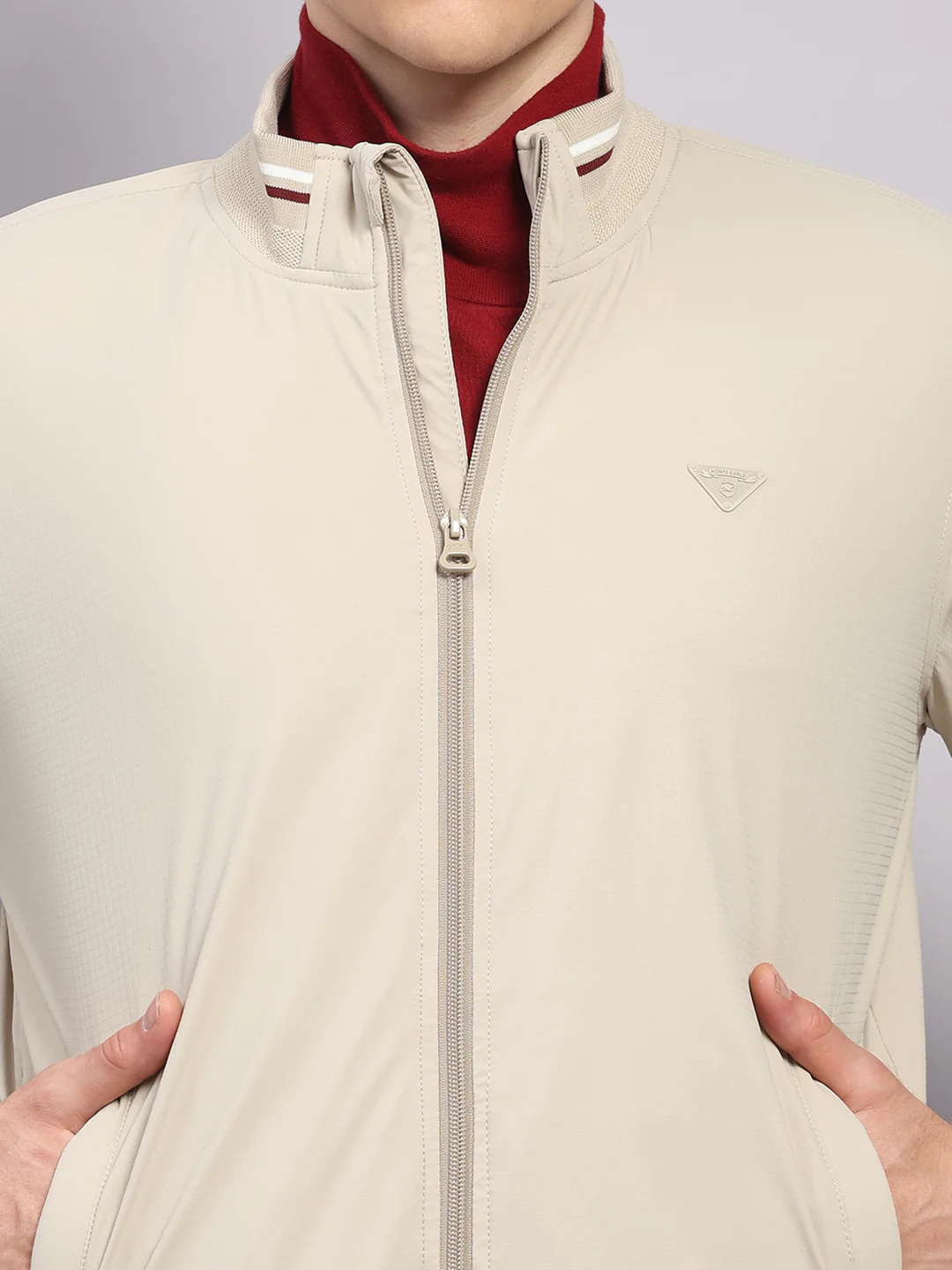 Men Beige Solid Mock Neck Full Sleeve Jacket - Image 6