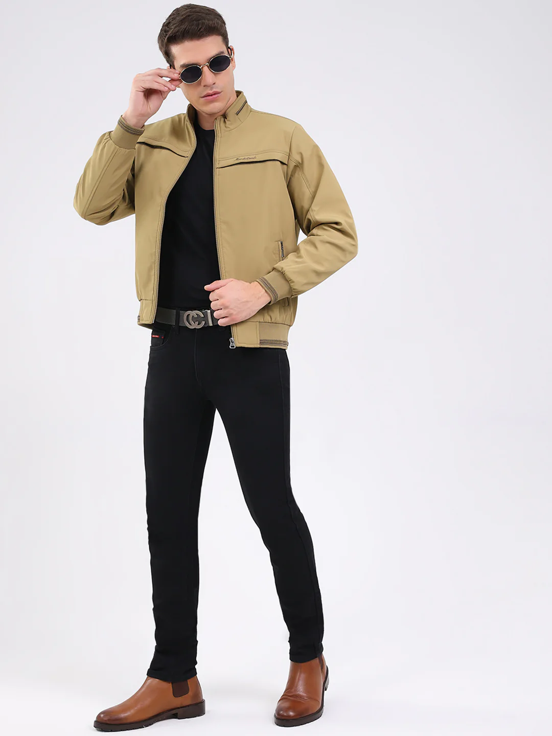 Men Beige Solid Mock Neck Full Sleeve Jacket - Image 2