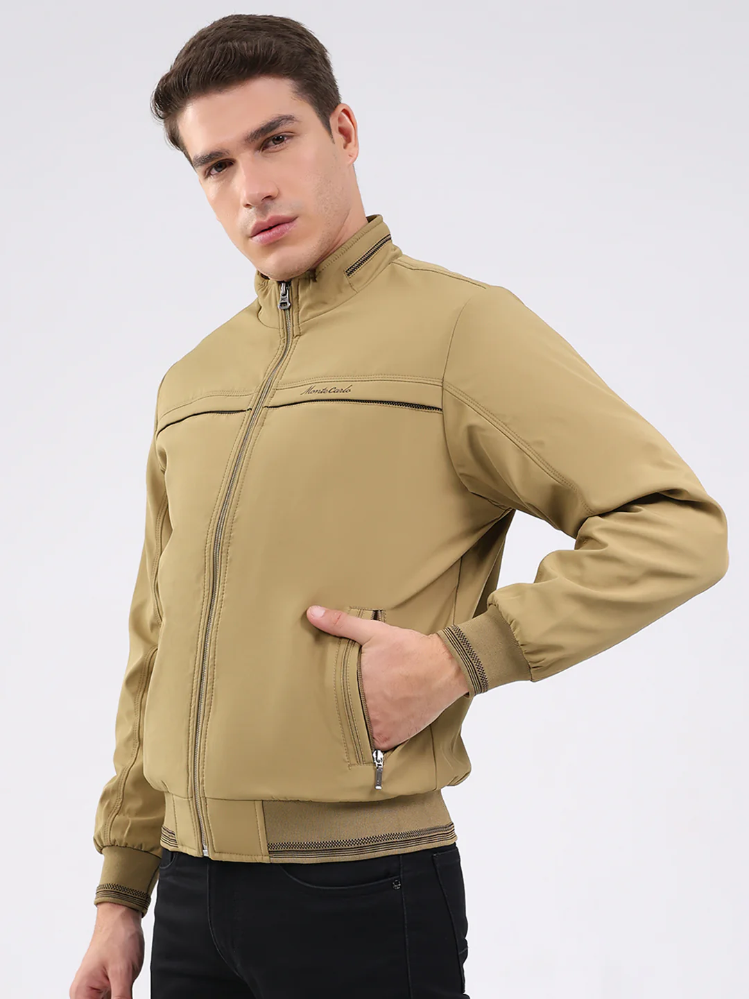 Men Beige Solid Mock Neck Full Sleeve Jacket - Image 3