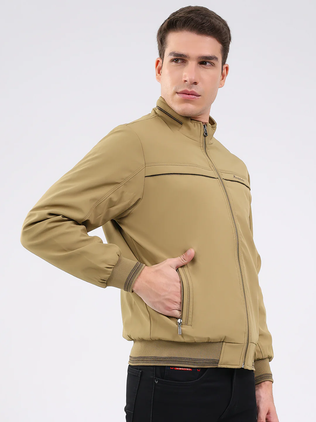 Men Beige Solid Mock Neck Full Sleeve Jacket - Image 4