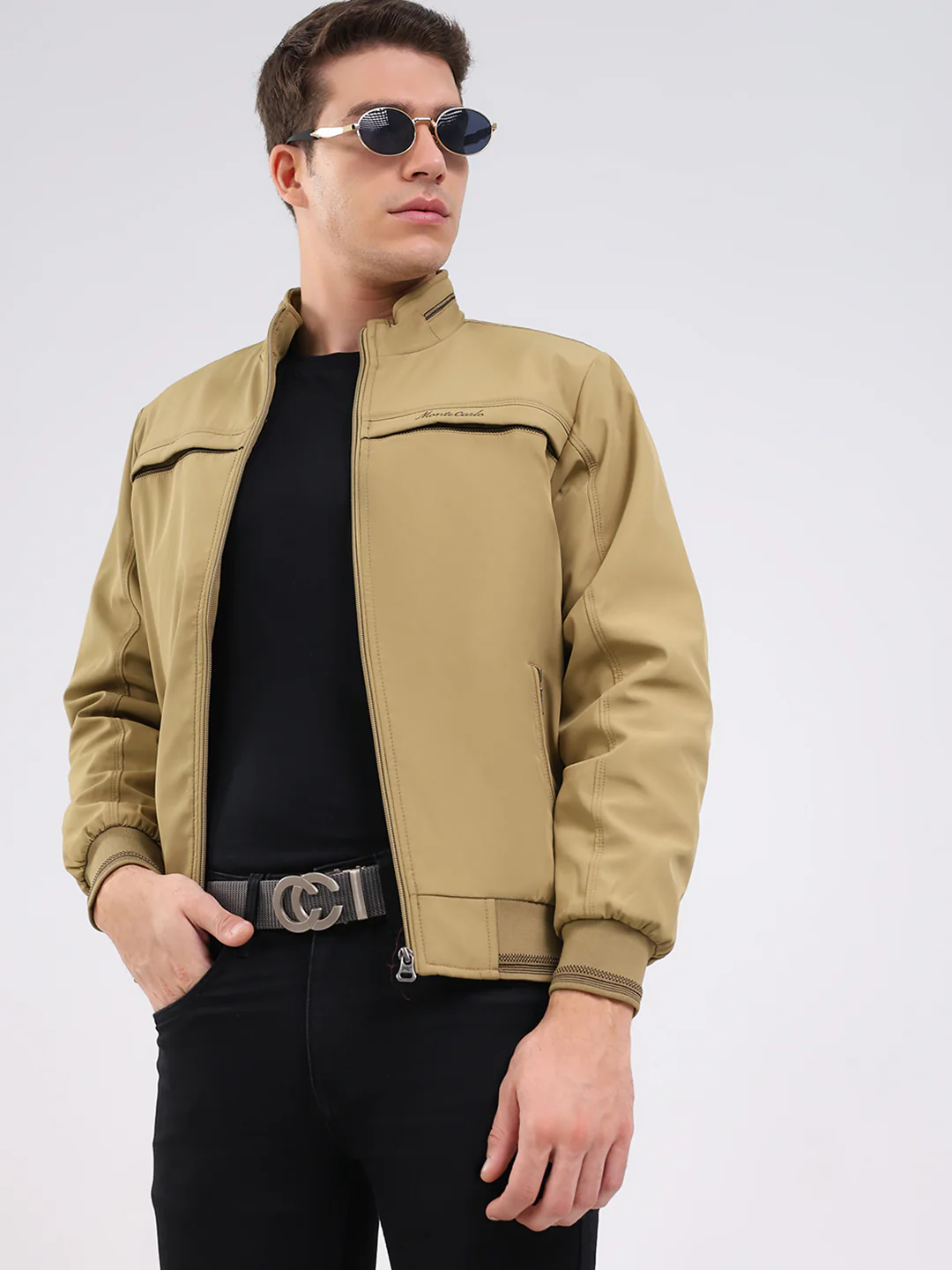 Men Beige Solid Mock Neck Full Sleeve Jacket - Image 6