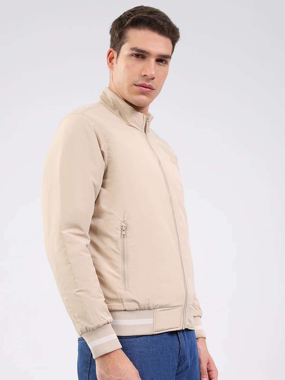 Men Beige Solid Mock Neck Full Sleeve Jacket - Image 4